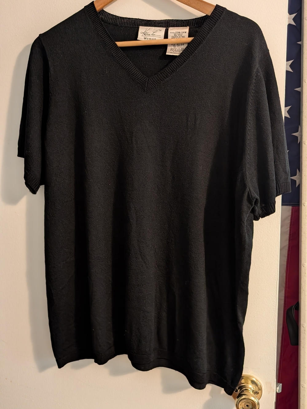 Kathie Lee Collection Black V-Neck Short Sleeve Sweater Top